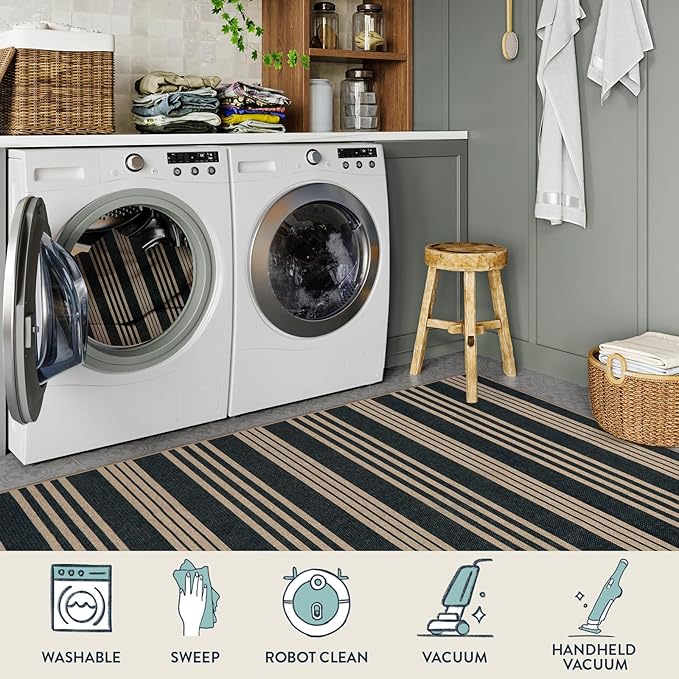Lahome Striped Easy Jute Front Door Mat, 2x3 Washable Kitchen Rug Small Indoor Outdoor Rugs for Entryway, Farmhouse Neutral Lightweight Non Slip Black Carpet for Foyer