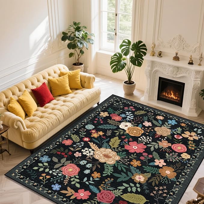 Area Rug for Living Room, 10x12 Large Washable Rugs for Dining Room, Bedroom, Non Slip Stain Resistant Carpet, Low Pile Vintage Floral Rug (Black)