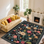 8x10 Area Rug, Floral Rugs for Living Room, Stain-Resistant Washable Bedroom Rug, Non-Slip Area Rugs for Dining Room Under Table, Indoor Rug for Home Office (8 x 10 Black)