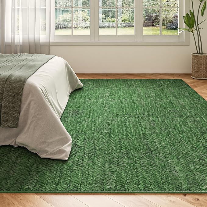 Eleisa Modern Vintage 8x10 Herringbone Chevron Area Rug for Living Room, Green, Non-Slip Stain Resistant Washable Rug, Farmhouse Home Decor Carpet for Bedroom, Kitchen, Dining Room