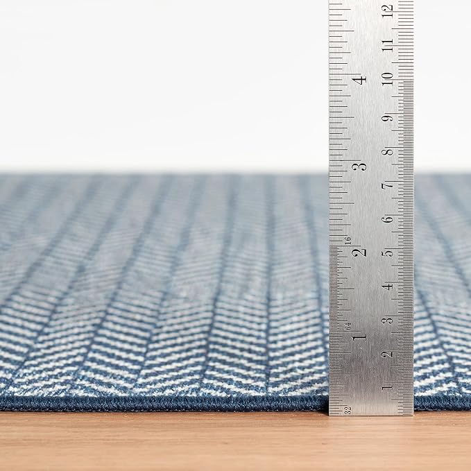 Dash & Albert Herringbone Navy Machine Washable Rug, 9.5 X 13.5 Feet, Blue Geometric Pattern