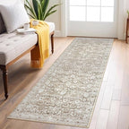 Vintage Floral 2x6 Runner Rug, Beige Tan White Washable Kitchen Runner Rug Non-Slip Neutral Hallway Rug Runner Thin Printed Faux Wool Super Soft Carpet for Entryway Bedroom Laundry Room Indoor