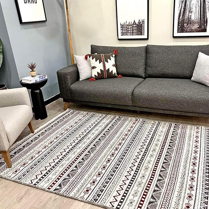 Alfa Rich 4x6 Red Burgundy White Gray Washable Area Rugs for Living Room Bedroom Kitchen Cotton Rug