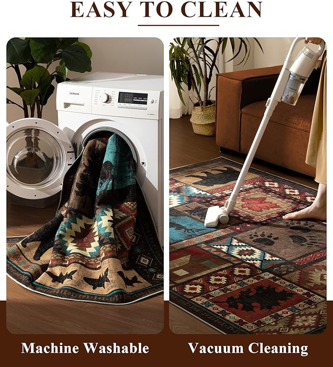 YIHOUSE Rustic Cabin Rugs for Living Room 9x12, Wildlife Bear & Deer Area Rug, Washable Southwestern Lodge Large Area Rug