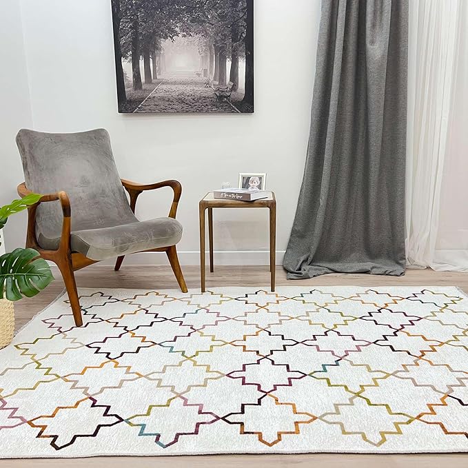 Alfa Rich 4x6 Moroccan White Washable Area Rugs for Living Room Bedroom Kitchen Decor Cotton Rug