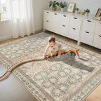 Large 8x10 Washable Area Rug for Living Room, No Shedding Vintage Floral Print Rugs Non Slip, Indoor Foldable Thin Retro Accent Carpet for Bedroom Farmhouse Dining Room Beige/Pink/Orange