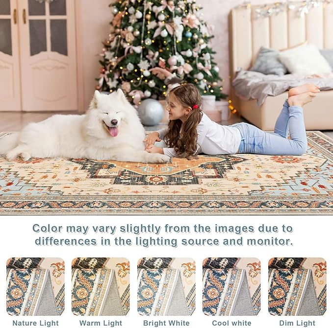 6x9 Orange Beige Area Rug for Living Room, Machine Washable Rugs with Non-Slip Backing for Bedroom, Vintage Medallion Carpet Dining Room Office Kids Room Decor