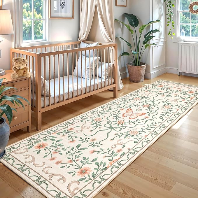 GarveeHome Washable Runner Rug 2x6 Non Slip Hallway Runners Stain Resistant Low Pile Floral Runner Rugs for Kitchen Soft Long Entryway Runner Rugs Beige Boho Throw Carpet for Bedroom Nursery, 2x6