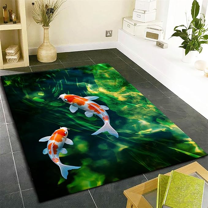Green Pond Koi Fish Area Carpet, 4x6ft, 3D Realistic Underwater Koi Printed Carpets, Chinese Natural Landscape Soft Low Pile Rug, with Non Slip Backing Pet Friendly Rugs for Entryway