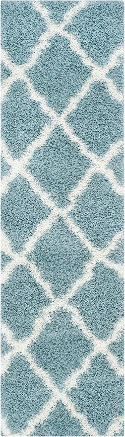 SAFAVIEH Dallas Shag Collection Runner Rug - 2'3" x 8', Seafoam & Ivory, Trellis Design, Non-Shedding & Easy Care, 1.5-inch Thick Ideal for High Traffic Areas in Living Room, Bedroom (SGD257C)