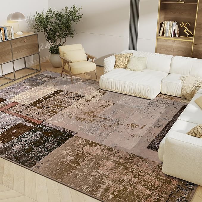 LOCHAS Rug for Living Room 6x9, Washable Soft Area Rugs for Bedroom, Abstract Carpet for Office Kids Dining Room Nursery Floor, Brown Pink Geometric Vintage Home Decor, Non Slip, Pet Child Friendly