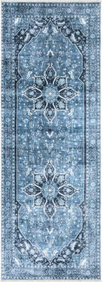 Bloom Rugs Caria Washable Non-Slip 10 ft Runner - Blue/Charcoal Traditional Runner for Entryway, Hallway, Bathroom, and Kitchen - Exact Size: 2'6" x 10'
