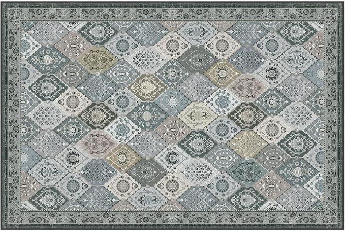 Phantoscope Washable Area Rug 6'x9' Non-Slip, Vintage Boho Rugs for Living Room, Bedroom, Dining Room, Distressed Moroccan Mosaic Diamond Pattern, Low-Pile Foldable Floor Carpet, Grey Charcoal