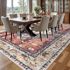 KOZYFLY Boho Area Rug 9x12 Ft Thin Rugs for Living Room Washable Bedroom Rug Non Slip Rugs for Living Room Rust/Orange/Blue Printed Faux Wool Vintage Bedroom Rug Floor Carpet for Dining Room