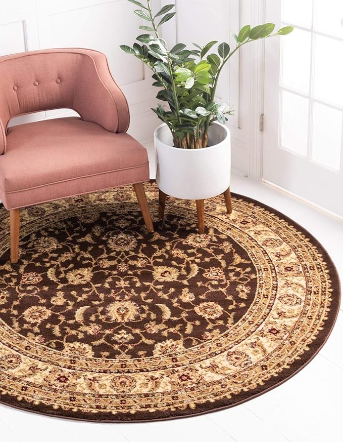 Unique Loom Voyage Collection Traditional Oriental Classic Intricate Design Area Rug (6' 0 x 6' 0 Round, Brown/Ivory)