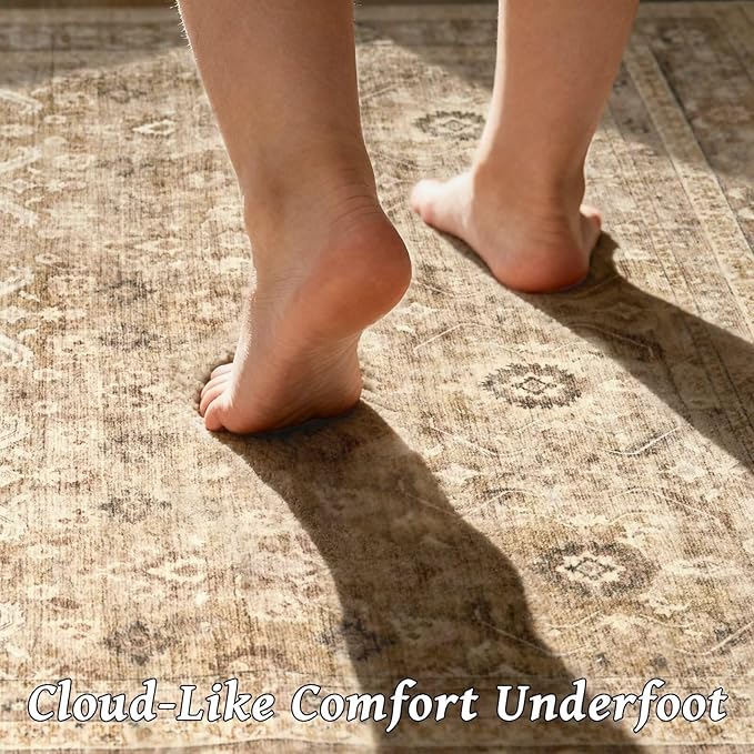Washable 5x7 Area Rugs for Living Room, Boho Non-Slip Vintage Distress Rugs for Bedroom Dining Room Nursery Office, 0.3" Neutral Oriental Throw Thin Carpet with Cushioning Pad, Brown/White/Multi