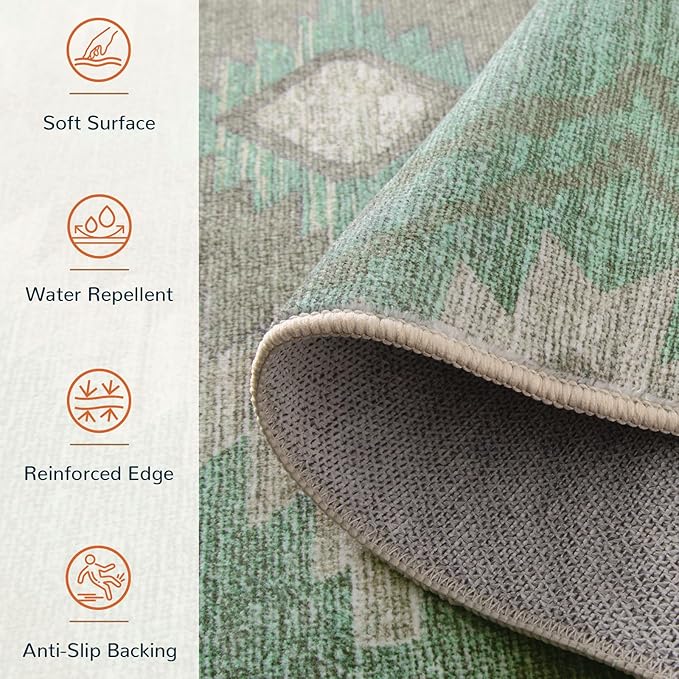 Area Rug 5x7 Rug Machine Washable Rug Non-Slip Low Pile Print Pattern Western Rug for Living Room Bedroom Entryway Tribal Series -Sage