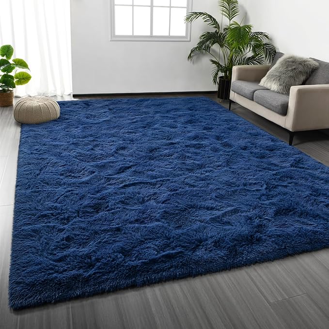 Shag Area Rug, 4 X 6 Plush Fuzzy Rugs for Living Room, Ultra Soft Fluffy Furry Rug for Bedroom, Indoor Carpet Nursery Rugs for Kids Room Home Decor, Navy Blue