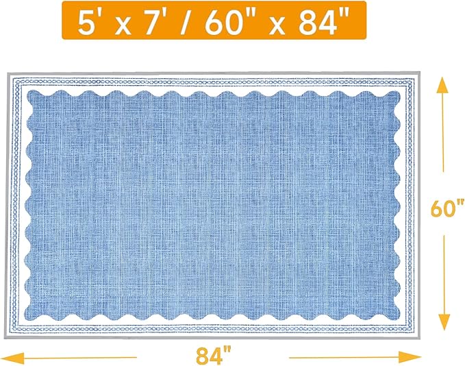 Scalloped Rug 5x7 Solid Blue Washable Non-Slip Rug for Living Room Modern Aesthetic Rugs for Bedroom Kitchen Dining Indoor Entry Entrance Floor
