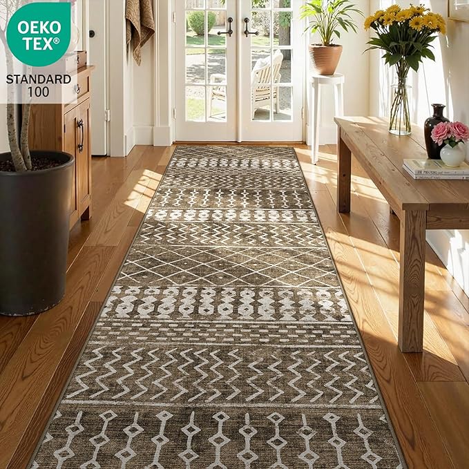 2x8 Machine Washable Runner Rug, Kitchen Hallway Area Rug, Brown Vintage Moroccan Rug Ultra Non-Slip Low Pile Soft Faux Wool Carpet, Kids and Pets Friendly for Bedroom Entryway Bedside Decor Rug