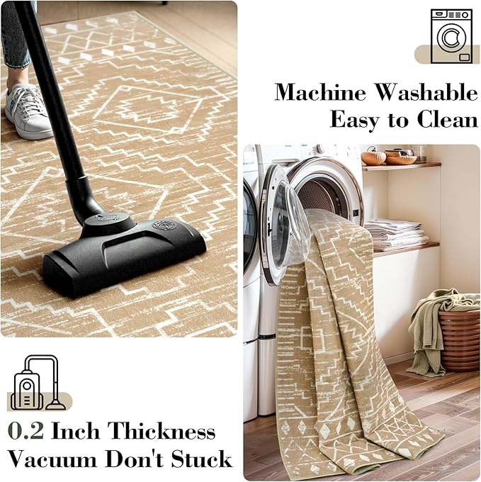 Wonnitar Washable Kitchen Runner Rug 2x6, Moroccan Runners for Hallway, Non Slip Bohemian Soft Bathroom Throw Mat Geometric Carpet Runner for Laundry Entryway Bedroom (Kakhi,2'x6')