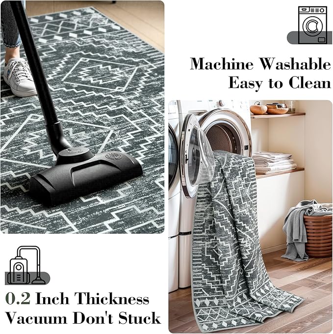 Wonnitar Moroccan 6x9 Area Rugs, Washable Grey Rugs for Living Room, Large Soft Bedroom Throw Rug, Non-Slip Stain Resistant Thin Boho Floor Carpet for Dining Room Home Office Decor (Dark Grey,6'x9')
