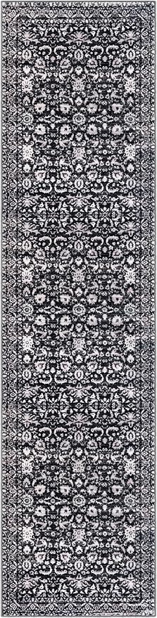 Hallway Runner Rug, Black and White Washable Runner Rug 2x8 Vintage Floral Kitchen Rug Runner Non Slip Boho Thin Printed Faux Wool Super Soft Carpet for Entryway Bedroom Laundry Room Indoor