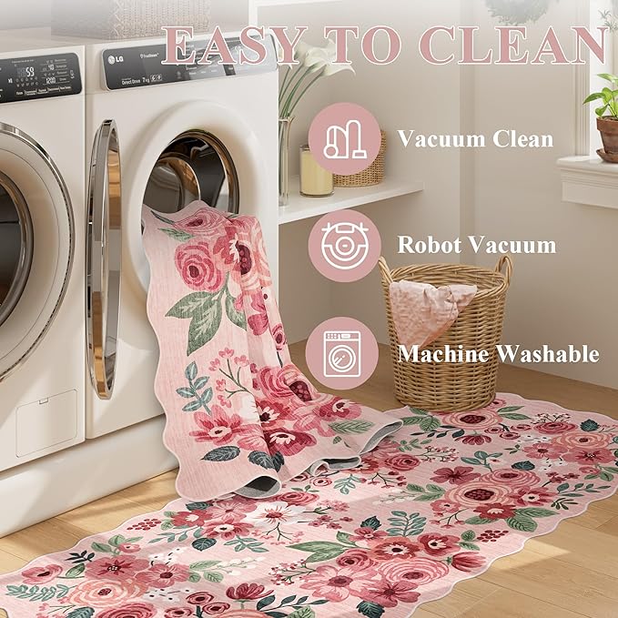 DUKINO 2x6 Runner Rug for Hallway, Washable Kitchen Rug with Non Slip Backing & Non-Shediing, Soft Low Pile Floral Design Runner for Bedroom, Kithchen, Living Room, Laundry, Bathroom, Pink