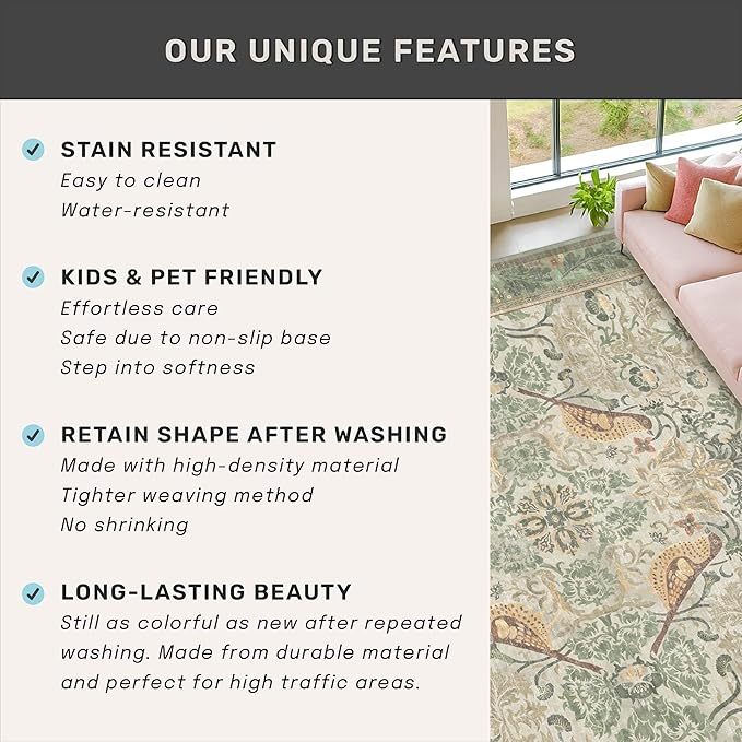 Washable Sage Green Area Rugs 5x7 for Living Room, Bedroom Bedside, Dinning Room, Office with Botanical Floral Bird Pattern, Muted Green Non Slip Stain Resistant Low Pile French Country Decor