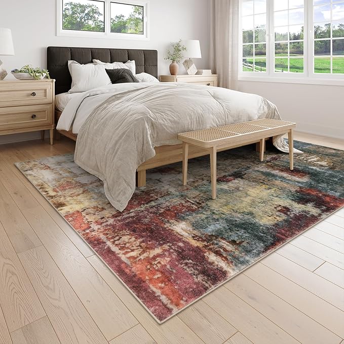Lahome Modern Abstract Living Room Rug 8x10, Washable 8x10 Area Rugs for Bedroom Stain Resistant Non Slip, Large Red Soft Indoor Carpet for Dining Room Table Home Decor