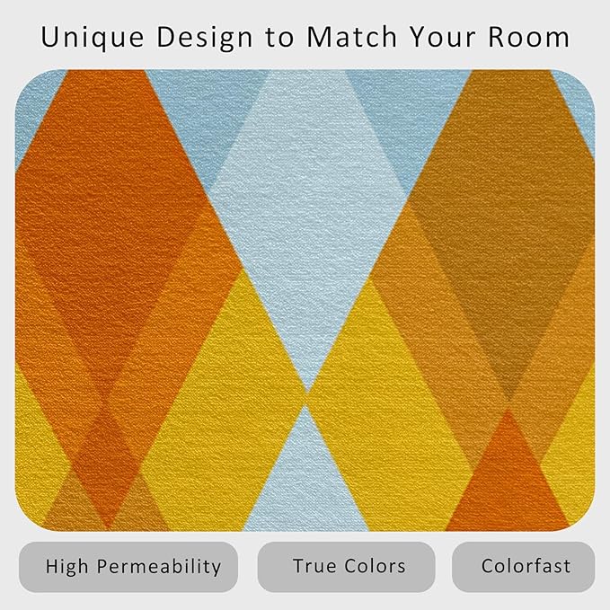 Washable 4x4 Diamond Rug Living Room, Geometric Orange and Blue Plaid Design Area Rugs for Bedroom, Diamond Home Decor Carpet, Low Pile, Non Slip, Kids & Pet Friendly (N4137)