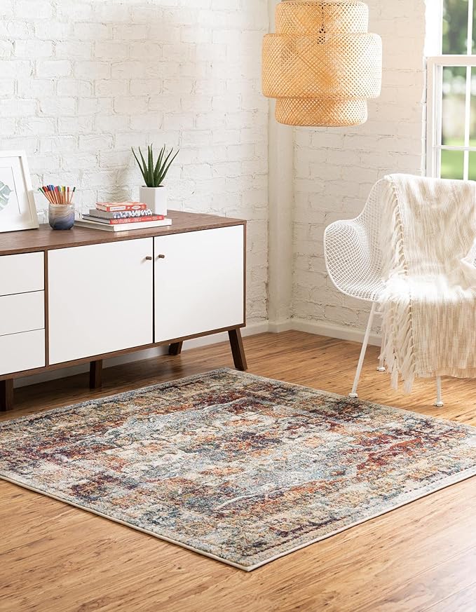 Unique Loom Isabella Collection Area Rug - Adjani (5' 1" Square, Ivory/ Beige)