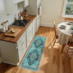 Area Rugs 2'x5' Washable Non-Slip, Floral Vintage Distress Print Pattern Medallion Carpet for Living Room Bedroom Dining Room, Teal Green Lake Blue Turquoise