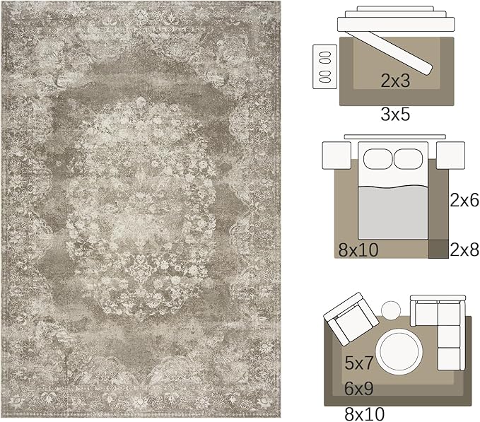jinchan Floral 2x3 Rug for Entryway - Vintage Washable Area Rug Ultra-Thin Low Pile Soft Small Non-Slip Distressed Indoor Doormat Accent for Entrance Kitchen Bedroom Bathroom (2x3ft, Brown)