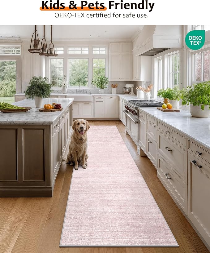 Art&Tuft Non-Slip Runner Rug - 2x10 Runner Rug Washable Low-Pile Rugs Runners, Soft Distressed Carpet Runner for Bedroom Bathroom Kitchen Laundry Living Room, Lightpink