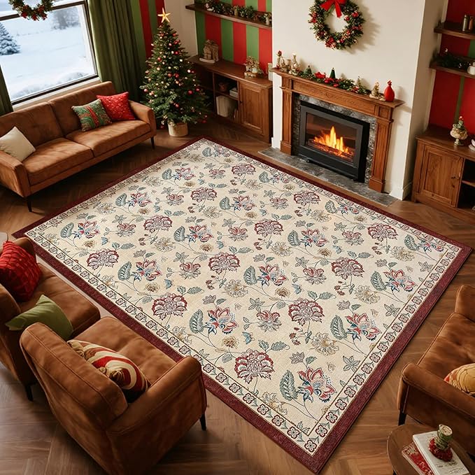 jinchan Elora 8x10 Floral Rug for Living Room Washable Bedroom Rug Vintage Romance Design Non Slip Thin Indoor Floor Cover Large Low-Profile Throw Carpet for Dining Room Office, Red/Beige