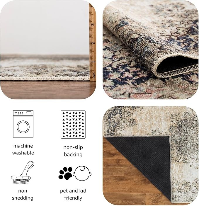 Keen Home Design 6x9 Rug - Machine Washable Area Rug with Non-Slip Backing, Ideal for Living Room, Dining Room, Bedroom - Vintage, Easy Clean, Durable, Low Pile - (6' x 9')
