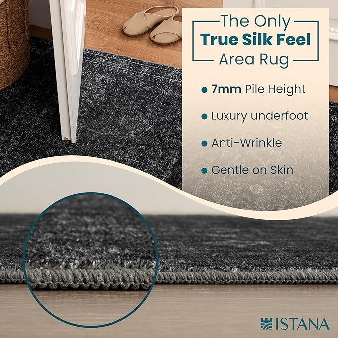 Istana Hallway Runner Rug 2x6 - Black Kitchen Rugs Non Slip Washable -Silk's Soft Touch Carpet Runner - Stylish Rug for Home