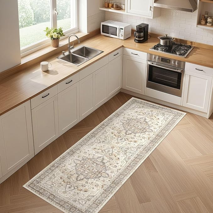 Runner Rug Kitchen Washable Rugs: 3x10 Non-Slip Boho Soft Vintage Stain Resistant Indoor Floor Neutral Farmhouse Throw Carpet for Hallway Bathroom Laundry Room Entryway Bedroom- Brown