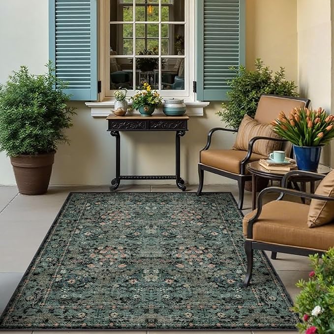 Large Moody 3x5 Rugs for Entryway Indoor, Dark Green Washable French Country Inspired Non Slip Area Rug for Dorm, Kitchen, Bedroom Bedside, Foyer, Laundry Room - Boho Distressed Floral Front Door Mat