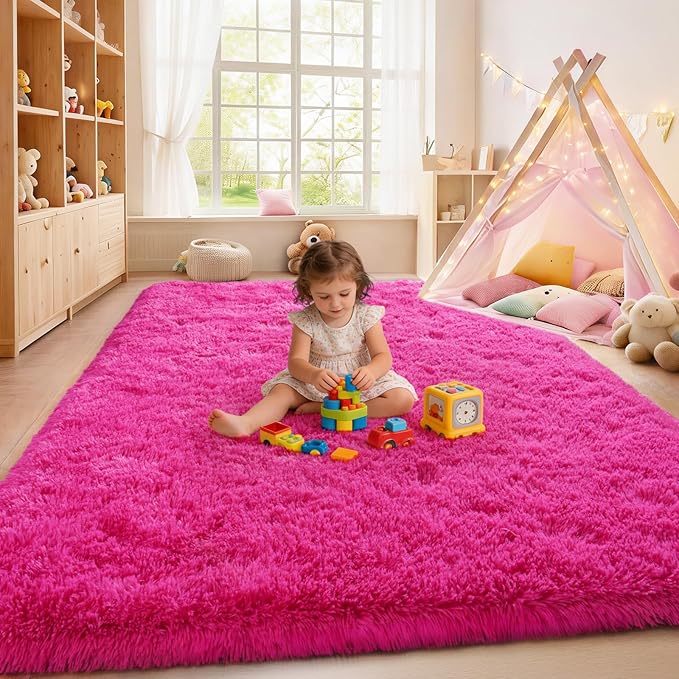 Soft Shaggy for Bedrooms, Hot Pink Area Rug, Fluffy Rugs for Living Room, Cozy Fuzzy Carpet for Kids, Perfect Indoor Decor for Boys and Girls 4x6 Feet