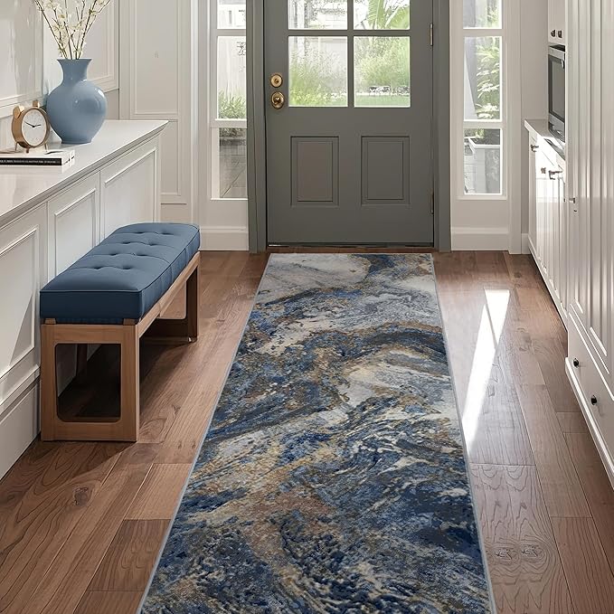 Abstract 2x6 Runner Rug: Modern Washable Rug for Entryway Hallway Bedside Kitchen Indoor - Non Slip Thin Low Pile - Blue Gold