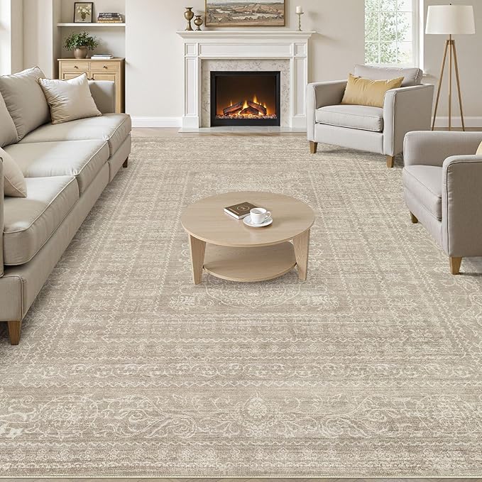 10x12 Area Rug Living Room: Washable Large Vintage Rug Neutral Non-Slip Soft Stain Resistant Indoor Carpet for Bedroom Nursery Dining Room Under Table Bed Home House Office Playroom - Brown