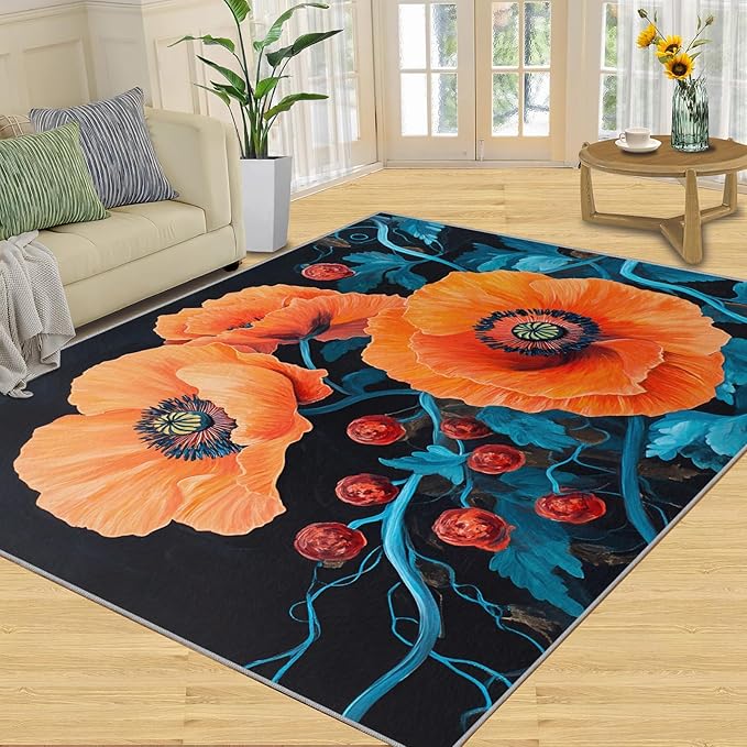 8x10 Poppy Rugs for Living Room - Retro Flowers Art Large Area Rug, Rustic Florals Art Modern Boy Nursery Rug Soft Washable for Classroom Office Bedroom Kids Room