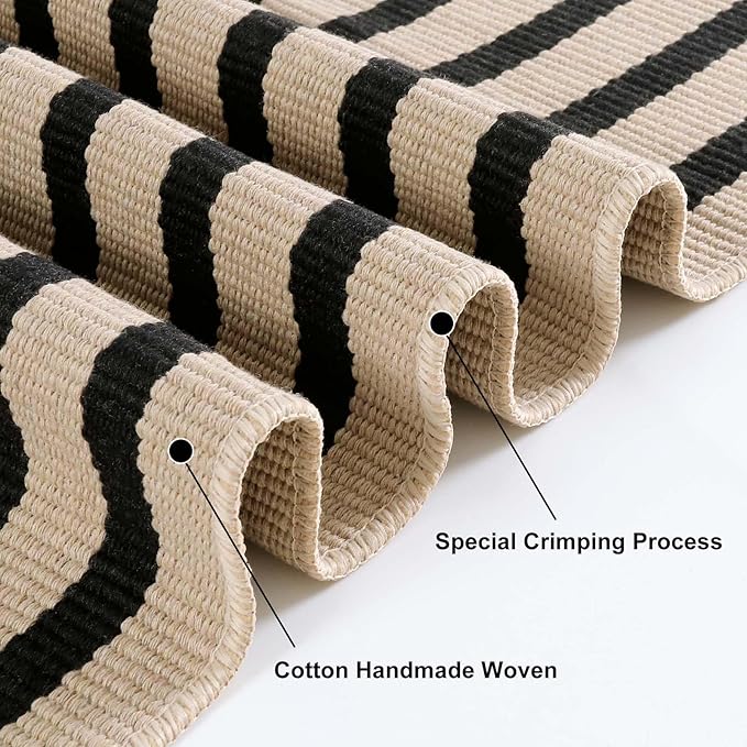 Outdoor Striped Rugs 3'x5', Black and Tan Cotton Hand Woven Front Door Mat,Washable Reversible Front Porch Rug, Foldable Layered Door Mats for Entryway/Home Entrance/Farmhouse