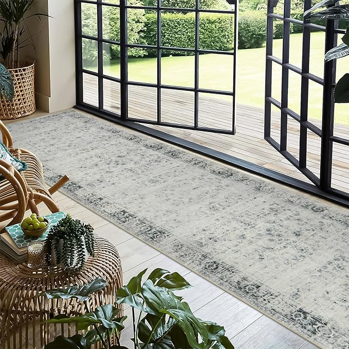 Morebes Vintage 12ft Runners for Hallways, Washable Long Kitchen Runner Rug Non-Slip, Soft Distressed Indoor Floor Throw Carpet for Entryway Farmhouse Living Room Office Foyer, Grey