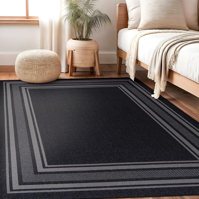Beverly Rug Non Slip Area Rugs 5x7 Modern Bordered Non Skid Rubber Backing Soft Area Rug for Living Dining Room Easy to Clean Non Shedding Kitchen Bedroom Indoor Carpet 5 x 7 Black