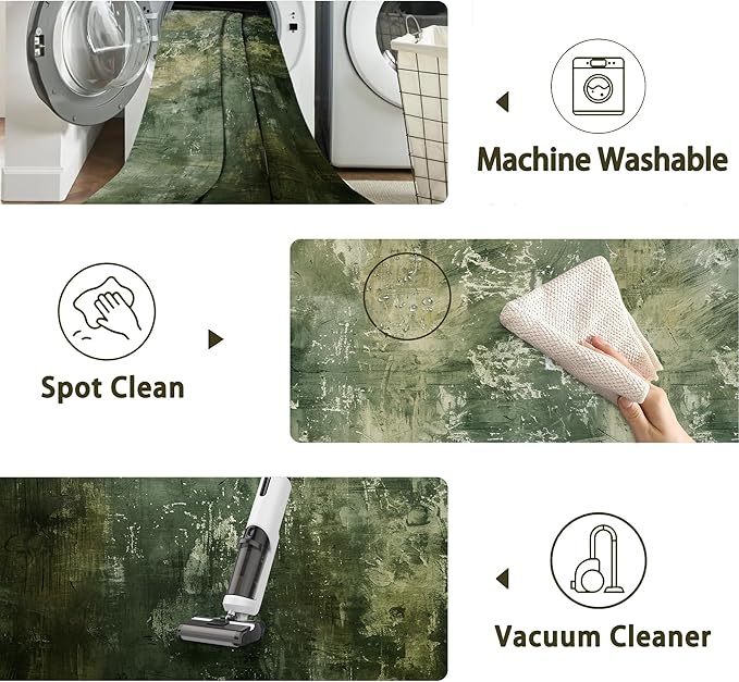 Green Vintage Distressed Carpet for Living Room, 5x7 Non-Slip Washable Low Pile Abstract Design Rug, Space Saving Area Rug for Bedroom, Dining Room