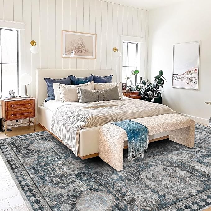 RUGSURE Washable Area Rugs - Perfect for Living Room, Bedroom, Kids Room, Nursery - Stain & Water Resistant Non-Slip, Pet & Child Friendly, Vintage Tribal Area Rugs (Grey and Blue, 5' x 7')