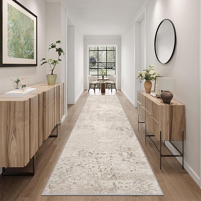 Art&Tuft Non-Slip Runner Rug - 2.5x14 Runner Rug Washable Low-Pile Rugs Runners, Soft Distressed Carpet Runner for Bedroom Bathroom Kitchen Laundry Living Room, Beige